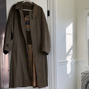 Vintage Burberry Olive Trench Coat with Plaid Interior